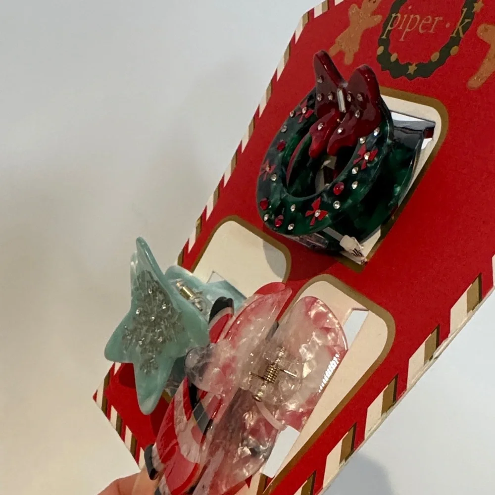 NWT Piper K 3Pcs Christmas Hair Clips Wreath, Star and Santa Claus